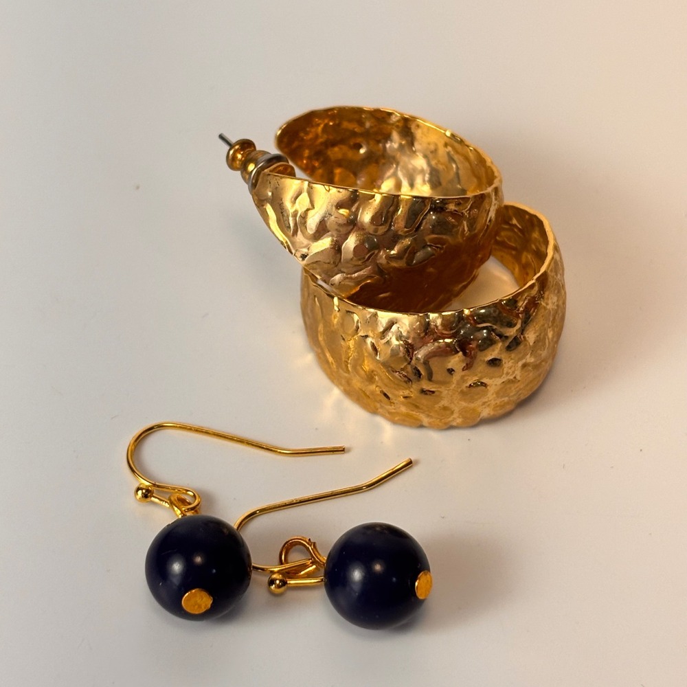 Vintage 1980s Earring Set Gold Blue Hammered Hoops Dangle Statement 80s